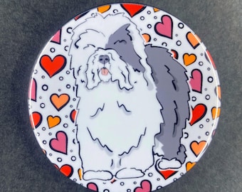 Old English Sheepdog Valentine's Day Pet Portrait Handmade Gift & Accessory - Magnet, Pinback Button, Bottle Opener, Keychain, Mini Ornament