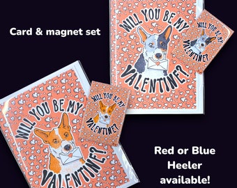 Australian Cattle Dog Valentine's Day Gift, Handmade Holiday Greeting Card & Magnet Set, Heeler Valentine, Retro Pet Portrait Decor Gift