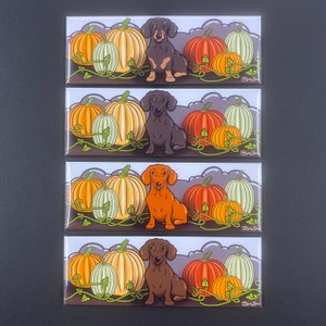 May include: Four magnets featuring a dachshund dog with a brown and black coat standing in front of a pile of orange, yellow, and brown pumpkins. The magnets are rectangular and have a white background.