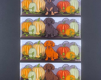 Dachshund Pumpkin Patch Magnet – Fall Wiener Dog Decor, 1.5x4.5" Handmade Fridge Magnet, Autumn Doxie Gift, Cute Dog & Pumpkin Art