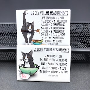Tuxedo Cat Kitchen Measuring Chart Magnet Set, Baking and Cooking Conversion Table Magnets, Set of 2 (2x3&quot;) High Quality Handmade Magnets