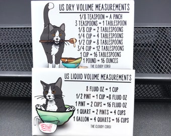 Tuxedo Cat Kitchen Measuring Chart Magnet Set, Baking and Cooking Conversion Table Magnets, Set of 2 (2x3") High Quality Handmade Magnets