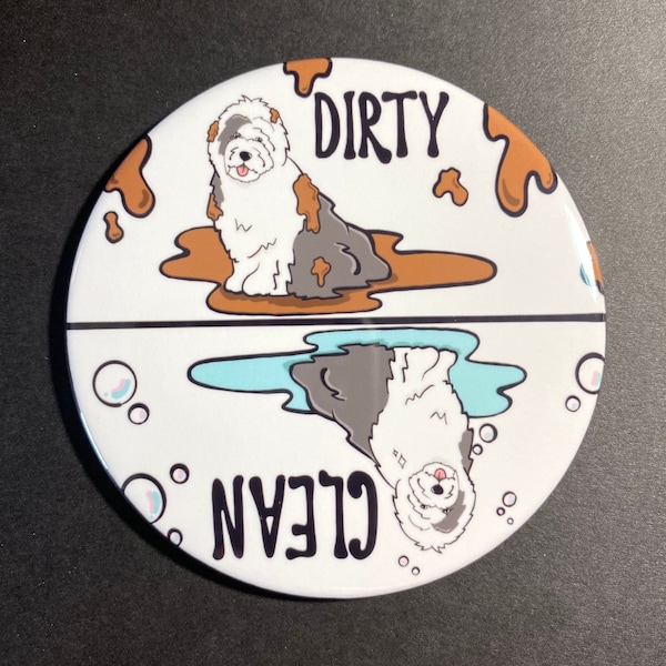 Old English Sheepdog Dishwasher Magnet, Clean Dirty Sheep Dog Sign, Kitchen Accessories & Decor, 3.5" High Quality Handmade Magnet