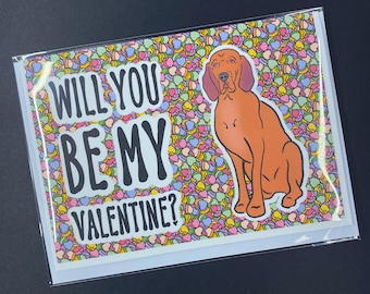 Redbone Coonhound Dog Valentines Day Card, Holiday Pet Portrait Greeting Card, Handmade 5x7" Card with Envelope (Set or Single Card)