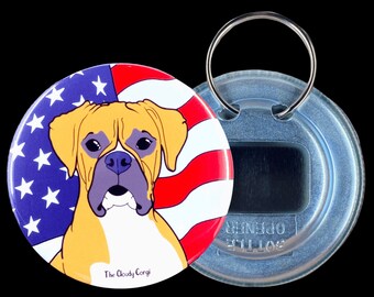 Boxer Dog USA Flag Bottle Opener Key Ring - Patriotic Pet Portrait Gift - Independence Day Bartending Collectibles Bar Accessories