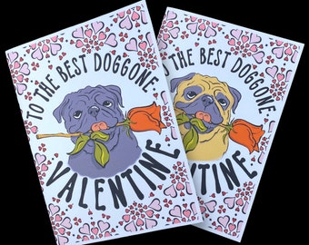Pug Valentine's Day Card, Dog Valentine Holiday Greeting Card, Retro Pet Portrait Gift, Handmade 5x7" Card + Envelope