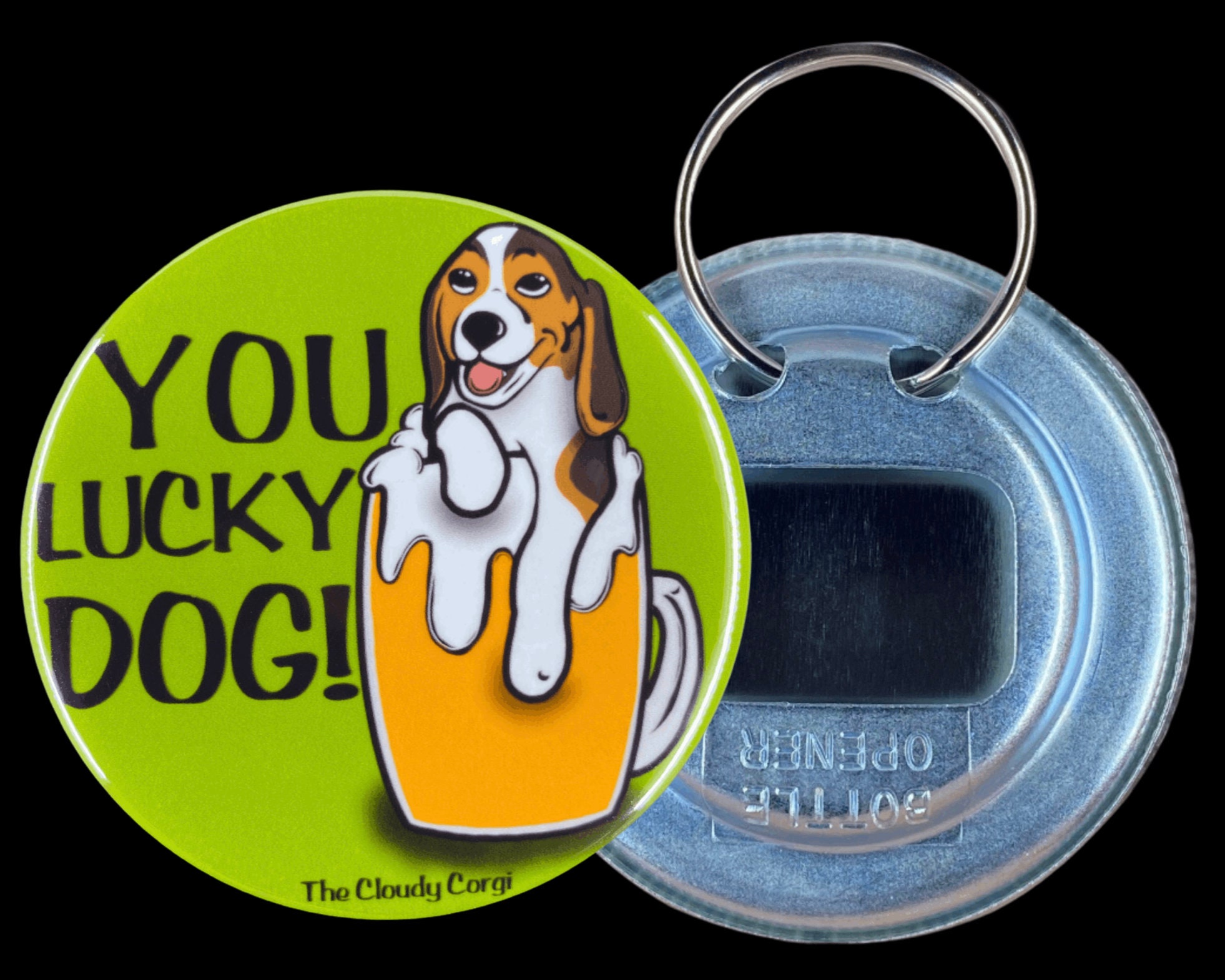 Beagle Beer Mug Bottle Opener Key Ring - You Lucky Dog St. Patrick's Day  Collectible Holiday Bar Accessories - Cartoon Pet Portrait Gift