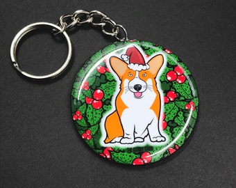 Corgi Dog Santa Hat Keychain - Christmas Dog Key Ring - Festive Holiday Herding Dog Stocking Stuffer Gifts & Accessories