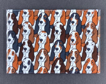 Basset Hound Magnet, Retro Dog Kitchen Decor, Hound Dog Pet Portrait, Psychedelic Pattern Art, 2x3" High Quality Handmade Magnet