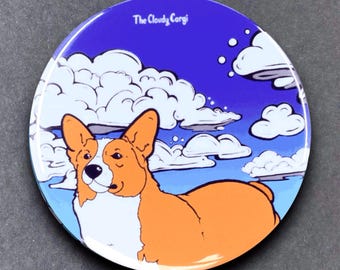 Welsh Corgi Dog Retro Clouds Pet Portrait Art Gift & Accessories - Handmade Magnet, Pinback Button, Bottle Opener, Keychain or Mini Ornament
