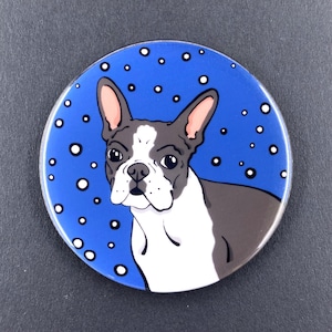 Boston Terrier Dog Snowy Christmas Pet Portrait Handmade Gift & Accessory - Magnet, Pinback Button, Bottle Opener, Keychain, Mini Ornament