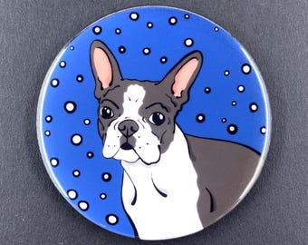 Boston Terrier Dog Snowy Christmas Pet Portrait Handmade Gift & Accessory - Magnet, Pinback Button, Bottle Opener, Keychain, Mini Ornament