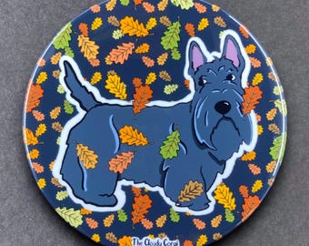 Scottish Terrier Dog Falling Leaves Portrait Handmade Gift & Accessories - Magnet, Pinback Button, Bottle Opener, Keychain, or Mini Ornament