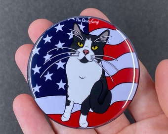 Tuxedo Cat American Flag Pinback Button - Black & White Kitty USA Patriotic Pin Gifts and Accessories - 2.25" or 3.5" Badge
