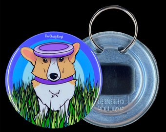 Corgi Dog Disc Golf Bottle Opener with Keyring - Psychedelic Dog Art Gifts & Collectible Accessories