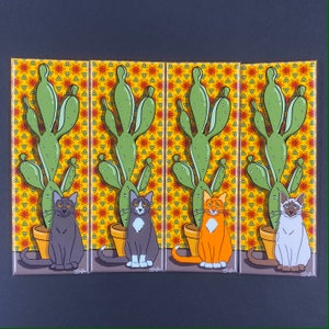 Cat & Cactus Magnet, Retro Cat Kitchen Decor, Cat and Plants Cartoon Pet Portrait Gift, 1.5x4.5" High Quality Handmade Magnet