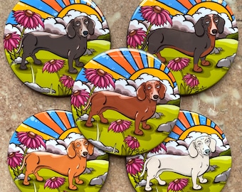 Dachshund and Flowers Magnet, "Wiener Dog on the Prairie" Pet Portrait Gift, Retro Kitchen & Office Decor, 3.5" High Quality Handmade Magnet