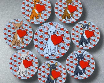 Retro Chihuahua Dog Valentines Day Gift & Accessories - Handmade Magnet, Pinback Button, Bottle Opener, Keychain, Mini Ornament (8 Colors)