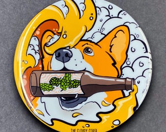 Welsh Corgi Dog Retro Beer Art Handmade Pet Portrait Gift & Accessories - Magnet, Pinback Button, Bottle Opener, Keychain, or Mini Ornament