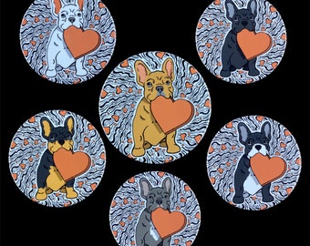 French Bulldog Pinback Button, Dog Valentine's Day Gift, Holiday Dog Accessories, French Bulldog Heart Pin, Frenchie Heart Pin, 2.25 or 3.5"