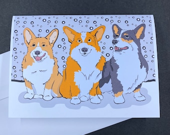 Corgi Christmas Card, Dogs in the Snow Card, Holiday Pet Portrait Gifts, Corgi Christmas Stationery, Available as a Set or Single Card