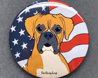 Patriotic Boxer USA Flag Pet Portrait Handmade Gift & Accessory - Magnet, Pinback Button, Bottle Opener, Keychain, Mini Ornament