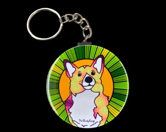 Psychedelic Corgi Keychain - Rainbow Dog Key Ring - Retro Welsh Corgi Pet Portrait Gifts & Collectible Accessories