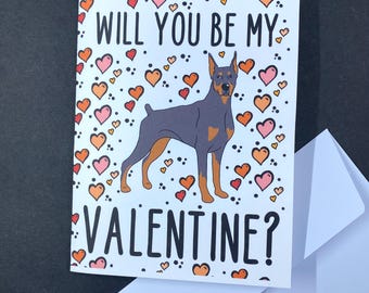 Doberman Pinscher Dog Valentines Day Card - Will You Be My Valentine Puppy Love Holiday Card - Available as a Single Card or Set of Cards