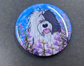 Old English Sheepdog Pinback Button, Wildflower Dog Pin, Psychedelic Dog Accessories, Cartoon Pet Portrait Floral Art Gift, 2.25 or 3.5"