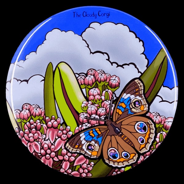 Butterfly Pinback Button, "Buckeye & Milkweed on the Prairie", Psychedelic Art Accessories, Cute Gift for Any Occasion,  2.25 or 3.5"
