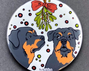 Rottweiler Dog Mistletoe Christmas Pet Portrait Art Gift & Accessory - Magnet, Pinback Button, Bottle Opener, Keychain, Mini Ornament