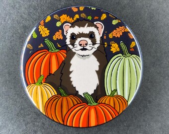 Ferret Pumpkin Patch Leaves Handmade Pet Portrait Gift & Accessories - Magnet, Pinback Button, Bottle Opener, Keychain, or Mini Ornament