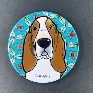 Basset Hound Dog Handmade Retro Pet Portrait Art Gift & Accessories - Magnet, Pinback Button, Bottle Opener, Keychain or Mini Ornament