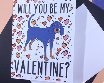 Black & Tan Coonhound Dog Valentines Day Card - Will You Be My Valentine? Puppy Love Note Card - Holiday Stationery Set or Single Card