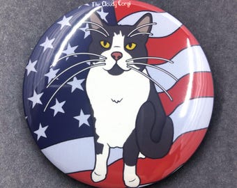 Tuxedo Cat USA Flag Patriotic Pet Portrait Gifts & Accessories - Handmade Magnet, Pinback Button, Bottle Opener, Keychain or Mini Ornament