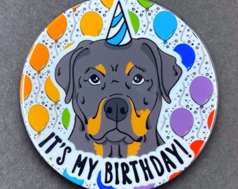 Rottweiler Dog Birthday Portrait Art Gift & Accessory - Handmade Magnet, Pinback Button, Bottle Opener, Keychain or Mini Ornament