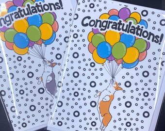 Welsh Corgi Dog Congratulations Card, Retro Pet Portrait Balloon Greeting Card, Handmade 5x7" Card with Envelope (Set or Single Card)