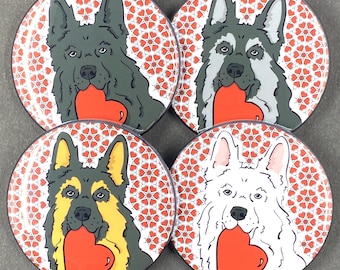German Shepherd Dog Valentines Day Portrait Gifts & Accessories - Handmade Magnet, Pinback Button, Bottle Opener, Keychain or Mini Ornament