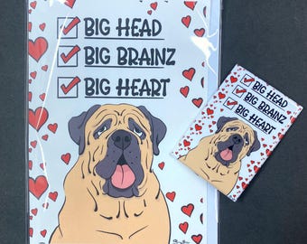 English Mastiff Valentine's Day Gift, Handmade Holiday Dog Greeting Card & Magnet Set, Cute Dog Valentine, Retro Pet Portrait Decor Gift