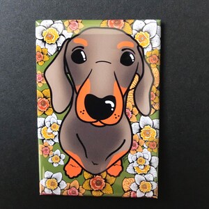 Dachshund Daffodil Magnet, Handmade Floral Dog Decor, Pet Portrait Art Gift, Wiener Dog Flower Magnet 2x3”