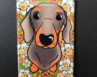 Black and Tan Dachshund Magnet – Wiener Dog with Daffodils, Handmade 2x3" Magnet, Floral Sausage Dog Art, Doxie Gift, Cute Dog Fridge Magnet