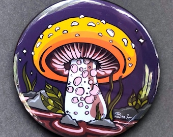 Mushroom Night Scene Retro Art Handmade Gift & Accessories - Magnet, Pinback Button, Bottle Opener, Keychain, or Mini Ornament