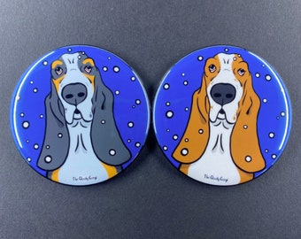 Basset Hound Dog Snowy Pet Portrait Handmade Art Gift & Accessories - Magnet, Pin Button, Bottle Opener, Keychain or Mini Christmas Ornament