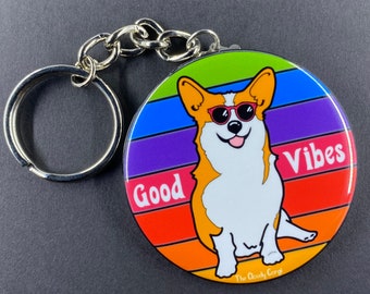 Rainbow Corgi Keychain, Good Vibes Dog Accessories, Cartoon Pet Portrait Key Ring Gift, Handmade Button Style Keychain with 2.25" Graphic