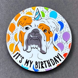 English Bulldog Dog Birthday Portrait Gift & Accessory - Handmade Magnet, Pinback Button, Bottle Opener, Keychain or Mini Ornament
