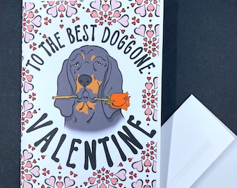 Black Tan Coonhound Valentine's Day Card, Dog Valentine Holiday Greeting Card, Retro Pet Portrait Gift, Handmade 5x7" Card + Envelope