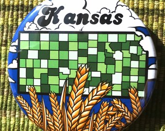 Retro Kansas Pinback Button, KS Travel and Tourism Souvenir and Gifts, Handmade Kansas Map Button, 2.25" or 3.5" Size Available