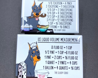 Handmade Doberman Pinscher Measuring Magnets – Set of 2 Kitchen Conversion Charts – US Dry & Liquid Volume, Gift for Chefs and Bakers