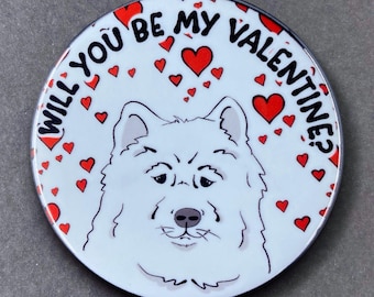 Samoyed Dog Valentine Gift & Accessory - Handmade Magnet, Pinback Button, Bottle Opener, Keychain, Mini Ornament