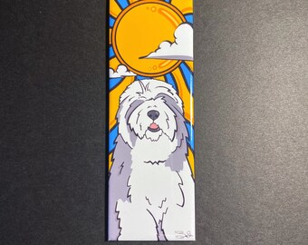 Old English Sheepdog Magnet, Retro Dog Kitchen & Office Decor, Groovy Pet Portrait Art Gift, 1.5x4.5" Handmade Magnet, Summer Dog Mom Gift